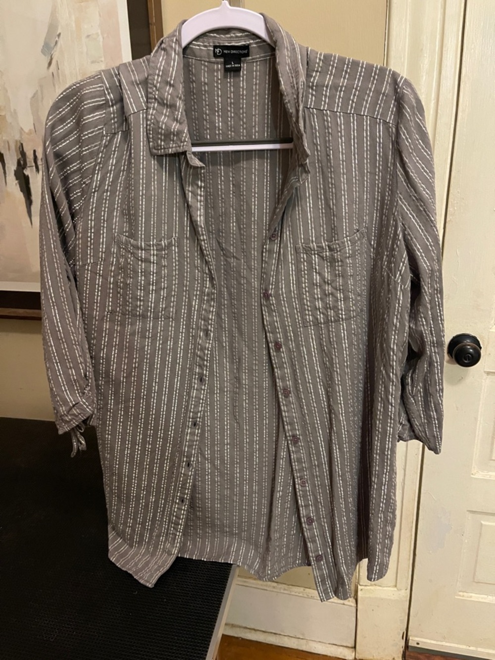 New Directions Silver-Striped Gray Button-Up Blouse